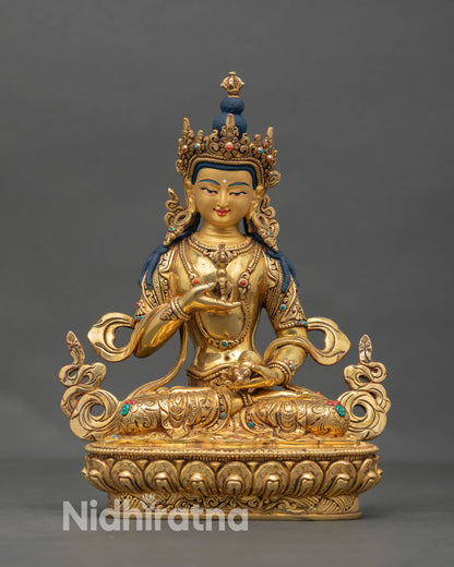 Front view of Vajrasattva Dorje Sempa statue handcrafted in Nepal with 24K gold gilding, copper body, and serene meditation posture on lotus base
