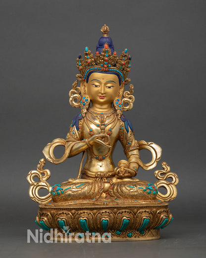 Front view of Vajrasattva Dorje Sempa sculpture, handcrafted Tibetan metal with gold fire-gilding