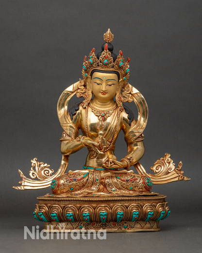 Front view of Vajrasattva Dorje Sempa statue, copper with 24K gold fire-gilded lotus pedestal