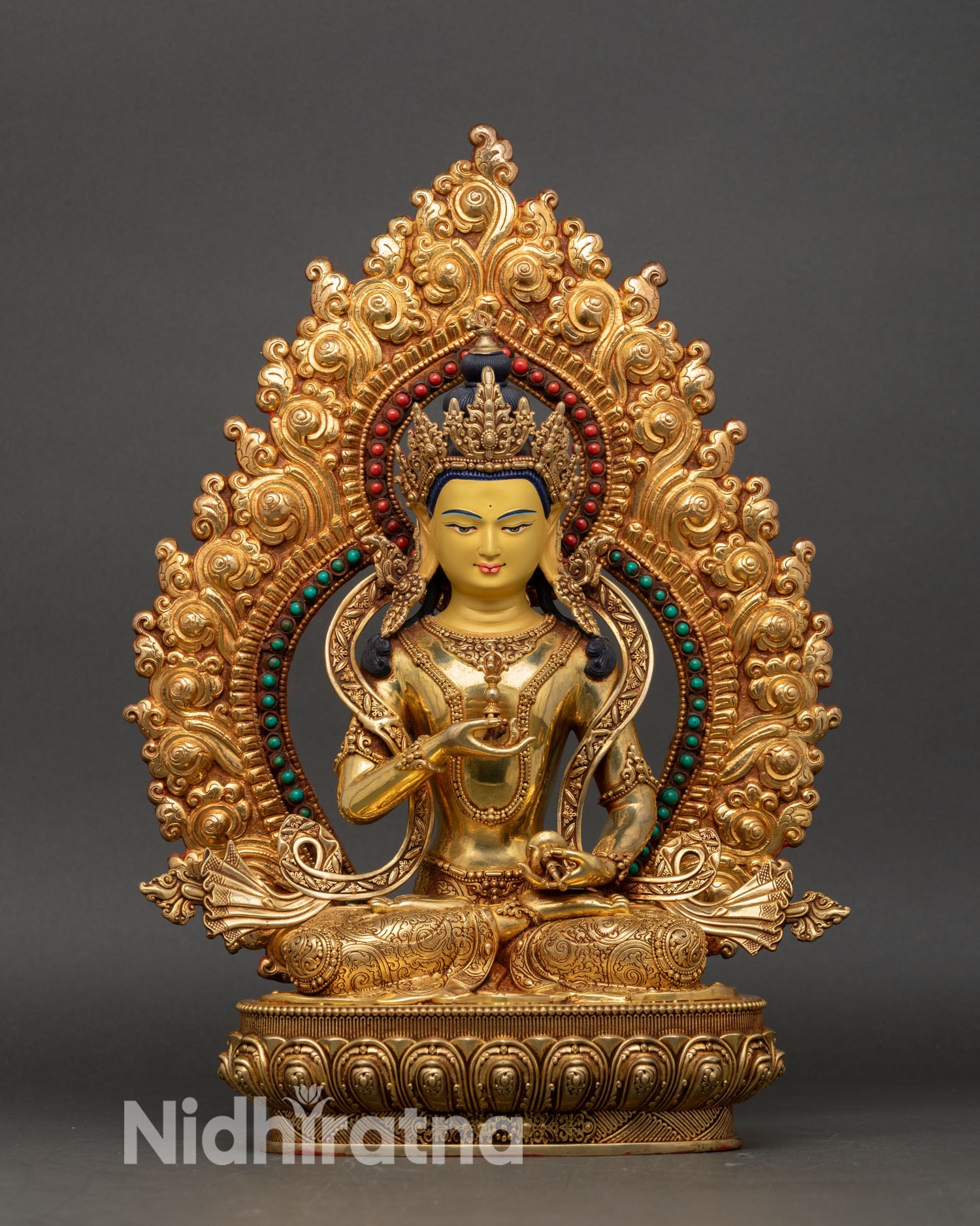 front view of vajrasattva statue 24k gold fire-gilded copper bodhisattva on double lotus