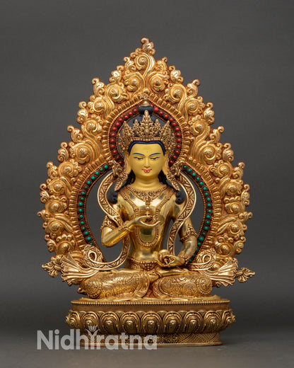 front view of vajrasattva statue 24k gold fire-gilded copper bodhisattva on double lotus