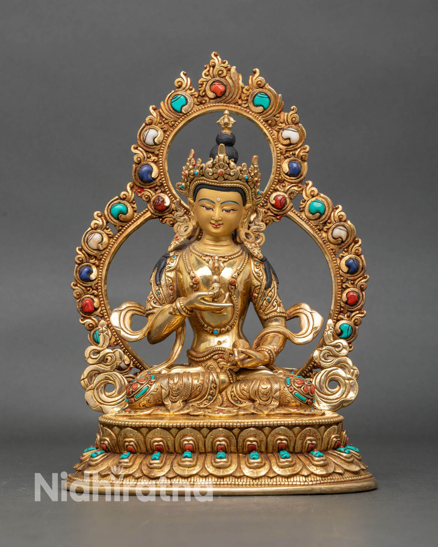 Front view of Vajrasattva statue, handmade copper with gold on lotus seat