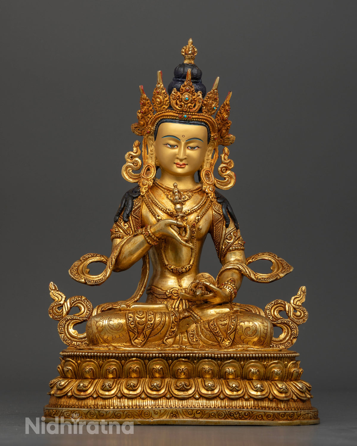 Front view of Vajrasattva statue with 24K gold fire gilding and five jeweled crown