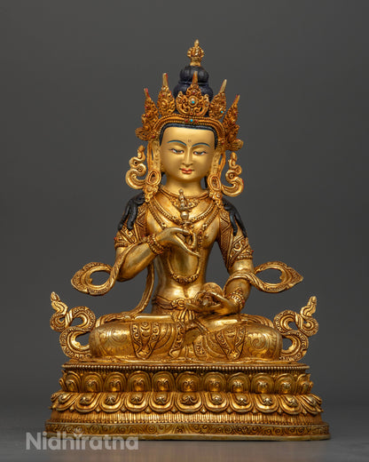 Front view of Vajrasattva statue with 24K gold fire gilding and five jeweled crown