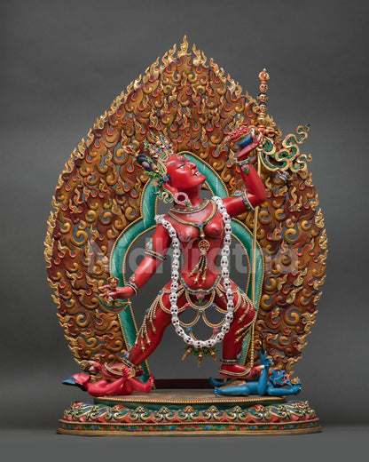 front view of vajrayogini statue, copper gold gilded tantric buddhist art nepal