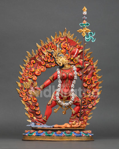 Front view of Vajrayogini statue Dorje Naljorma copper gold gilded Nepal Buddhist art