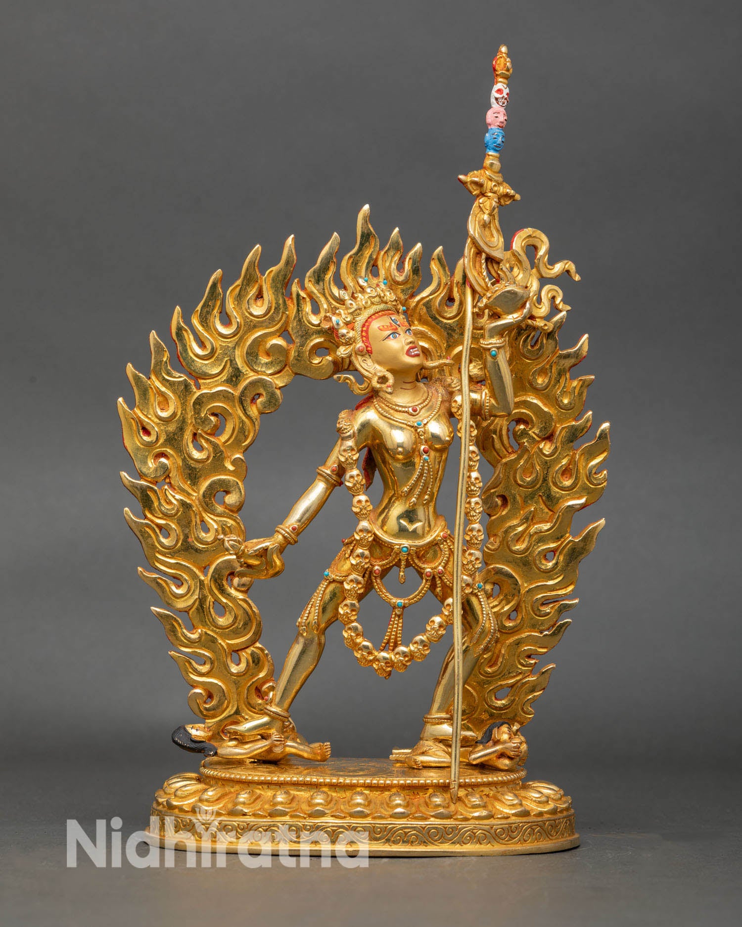 Front view of Vajrayogini statue handcrafted from copper and gold gilded.
