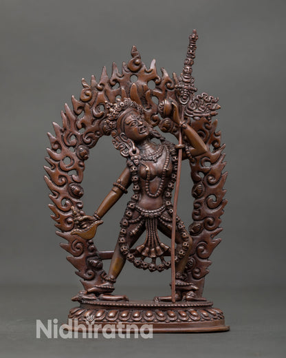 Front view of Vajrayogini statue in oxidized copper, handmade in Nepal tantric dakini sculpture.