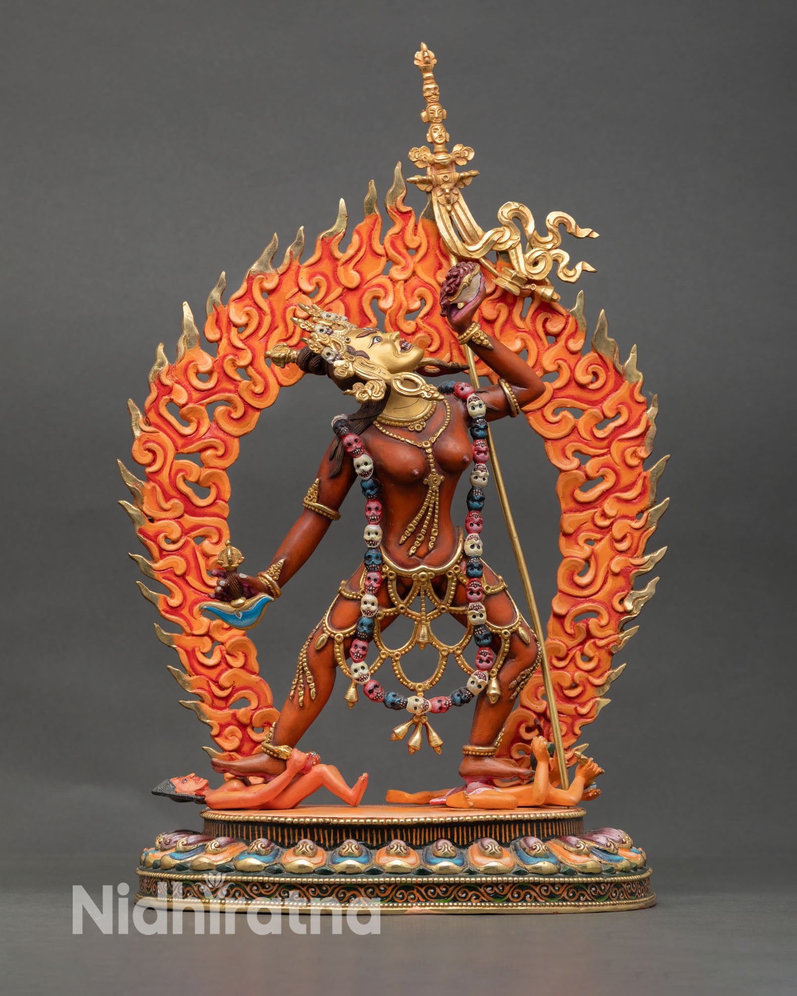 Front view of Vajrayogini statue Nepal handmade copper gold gilded face Tibetan dakini sculpture for altar meditation spiritual decor