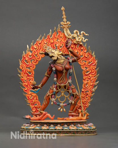 Front view of Vajrayogini statue Nepal handmade copper gold gilded face Tibetan dakini sculpture for altar meditation spiritual decor