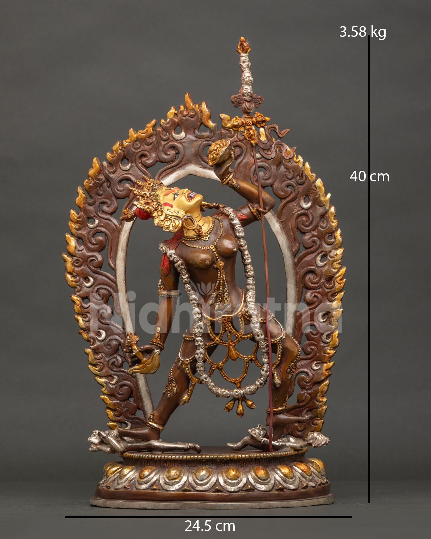 Front view of Vajrayogini statue, Nepali copper craft with silver plating and gold gilding