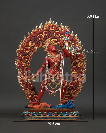 Front view of Vajrayogini statue with 24K gold gilding and acrylic painted details