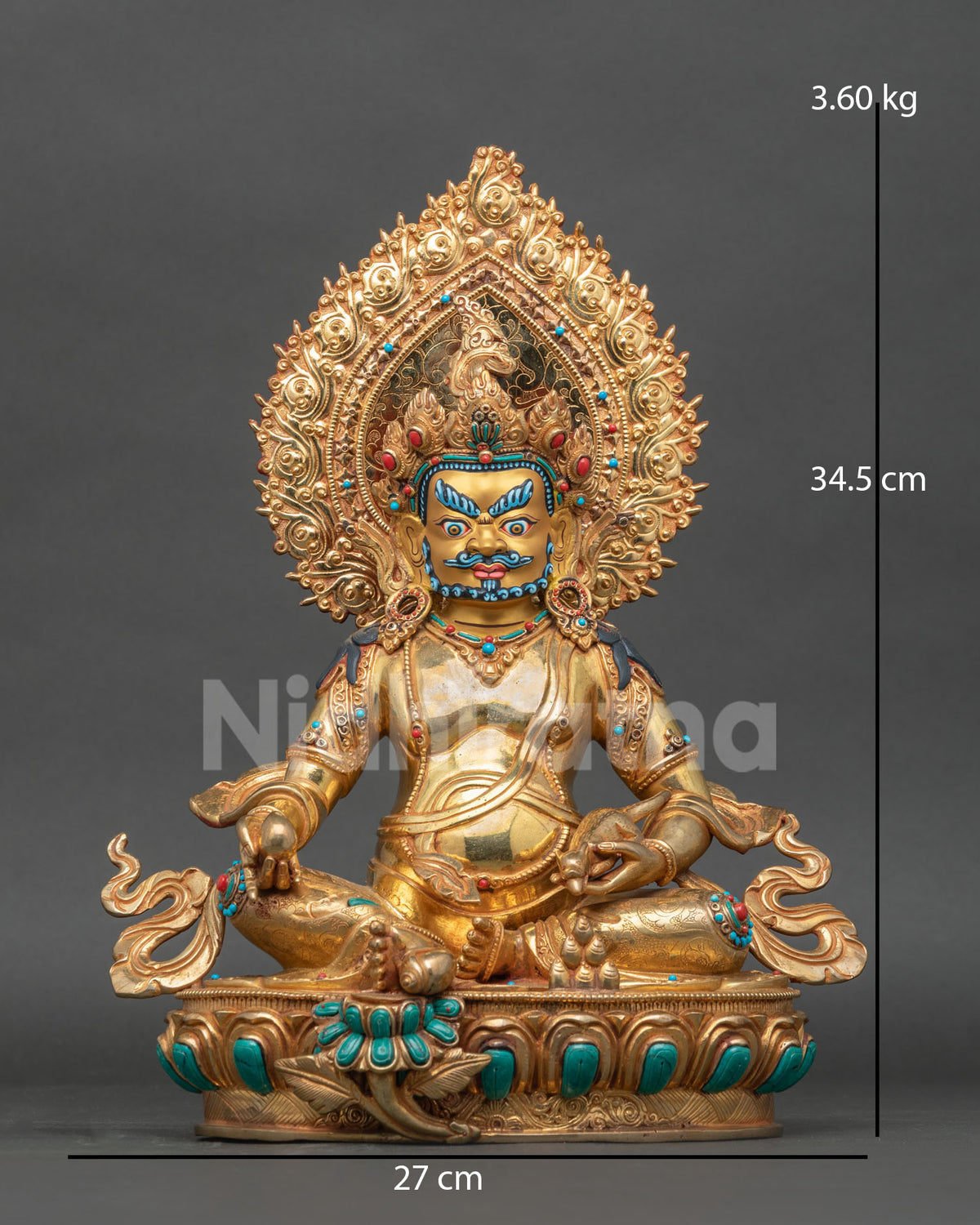Front view of Wealth God Dzambhala statue in 24K gold fire-gilded copper with flaming halo