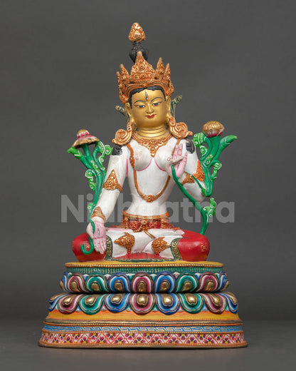 front view of white tara meditation statue copper buddhist goddess of compassion nepal