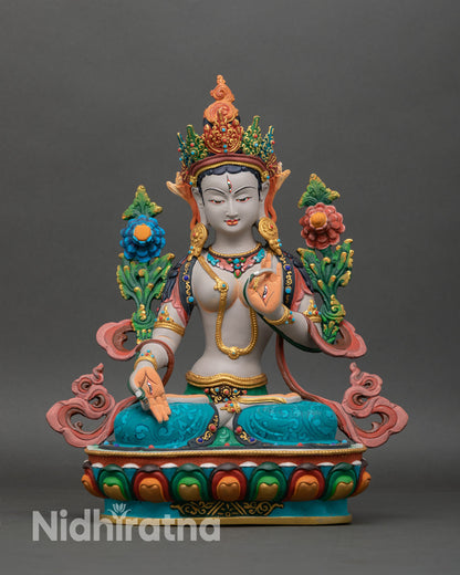 Front view of White Tara statue, handcrafted in Nepal using copper and the lost-wax technique