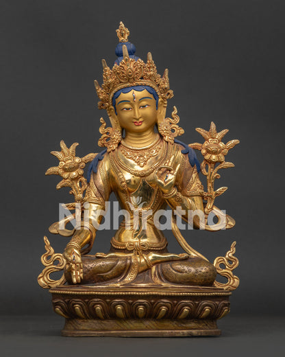Front View of White Tara Statue with 24K Gold Detailing and Seven Eyes