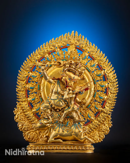Front view of Yamantaka with consort statue in gold gilded copper, Buddhist sculpture from Patan Nepal.