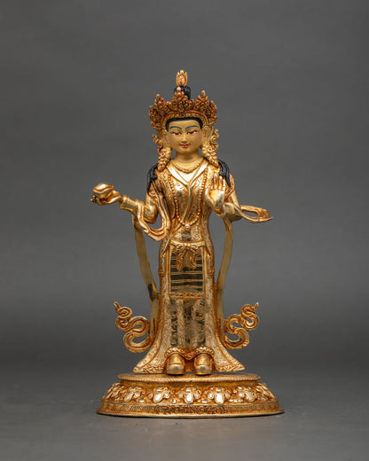 front-view-of-yeshe-tsogyal-statue-gold-gilded-copper-nepalese-buddhist-art