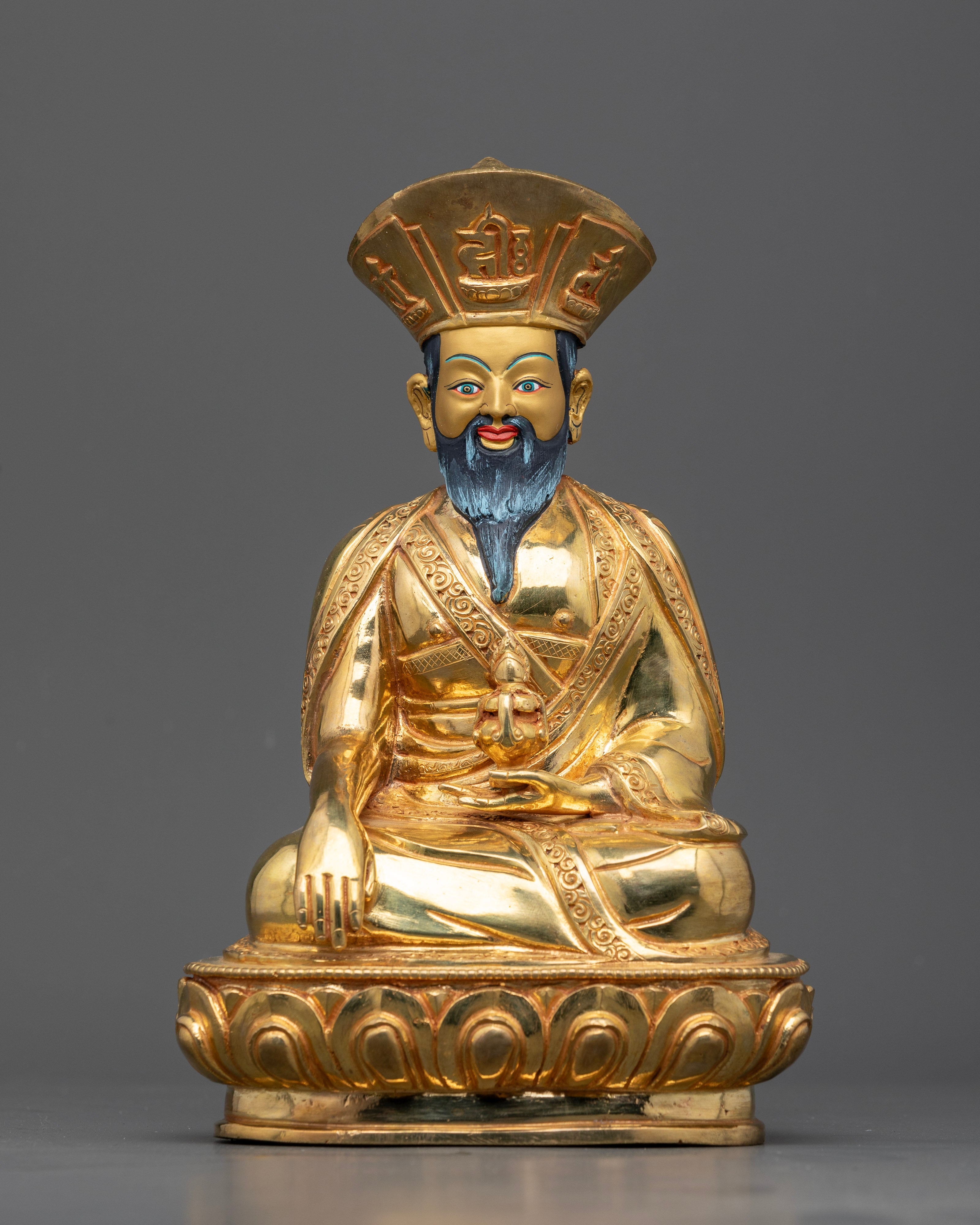 Front view of zhabdrung ngawang namgyal statue, handcrafted nepalese copper with 24k gold face and ceremonial robes