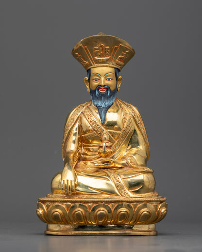 Front view of zhabdrung ngawang namgyal statue, handcrafted nepalese copper with 24k gold face and ceremonial robes