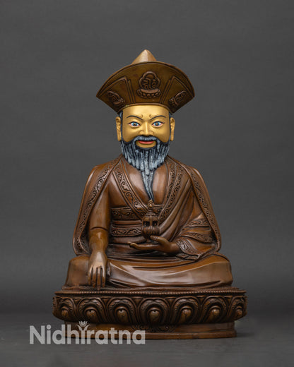 Front view of zhabdrung rinpoche statue, handcrafted nepalese copper with 24k gold face and ritual detailing