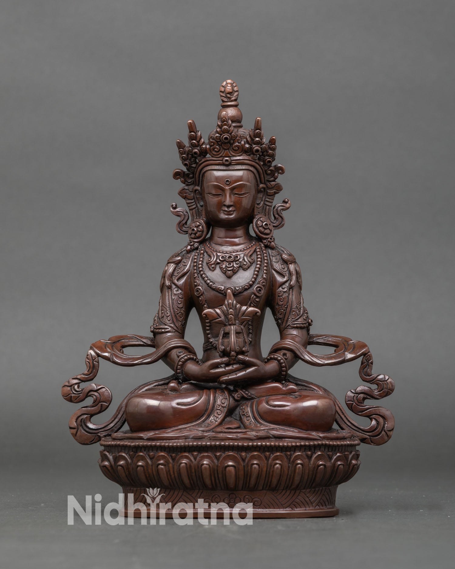 Front view oxidized Amitayus sculpture handcrafted copper Bodhisattva statue