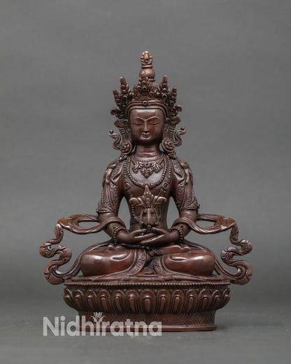 Front view oxidized Amitayus sculpture handcrafted copper Bodhisattva statue