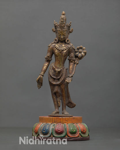 Front view of Padmapani Lokeshvara statue handmade copper Buddhist sculpture from Nepal gold gilded antique finish lost wax method two armed compassion deity