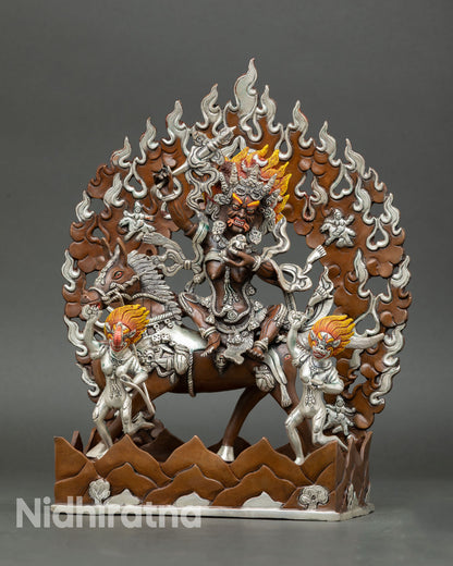 Front view of Palden Lhamo Statue oxidized silver plated copper Dharma protector from Nepal
