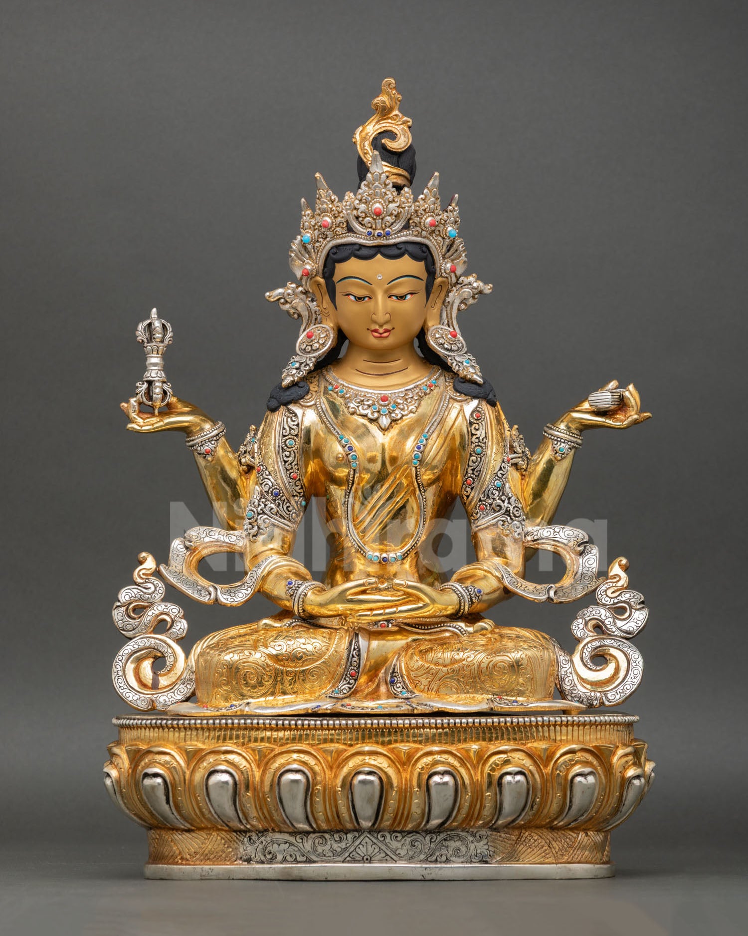 Front view of Prajnaparamita statue, gold gilded Buddhist wisdom goddess Nepal