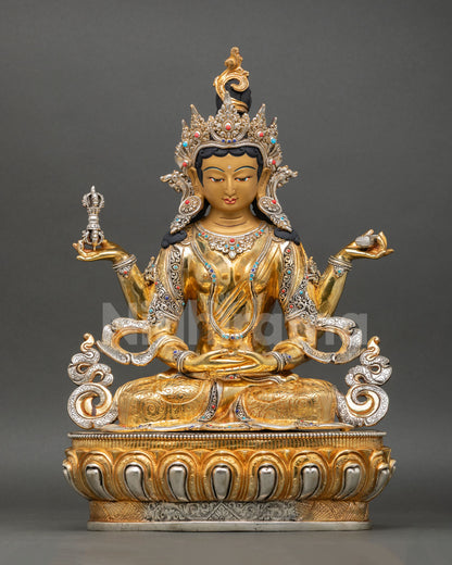 Front view of Prajnaparamita statue, gold gilded Buddhist wisdom goddess Nepal