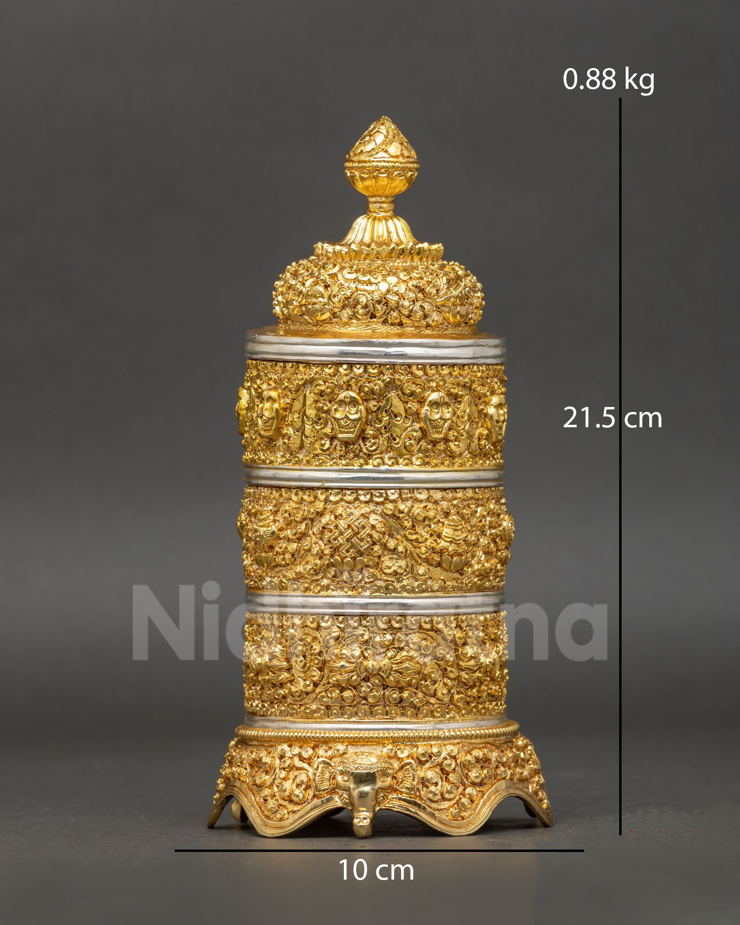 Front view rice pot offering vessel handcrafted in copper with gold and silver plating featuring sacred vajra skull and auspicious Buddhist motifs on ceremonial rings