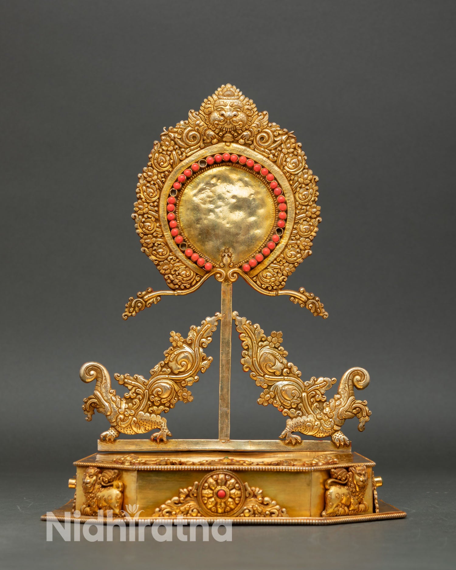 Front view of sacred Buddhist throne handcrafted Newari altar decor from Nepal
