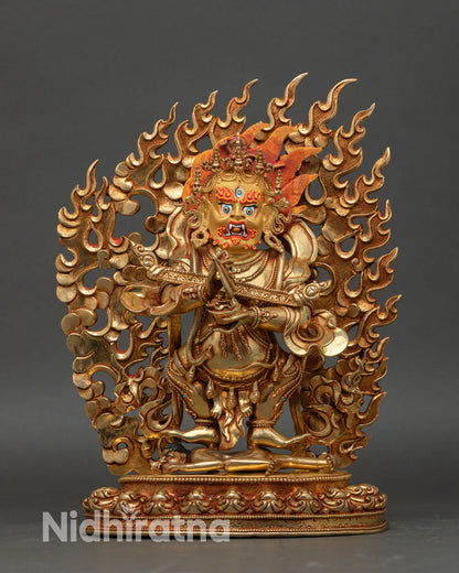 Front view of Sakya Mahakala statue, copper with 24K gold gilding, wrathful Buddhist protector deity