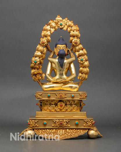 Front view of Samantabhadra with consort statue copper sculpture 24k gold gilding lotus pedestal ornate throne Nepal handmade Buddhist art