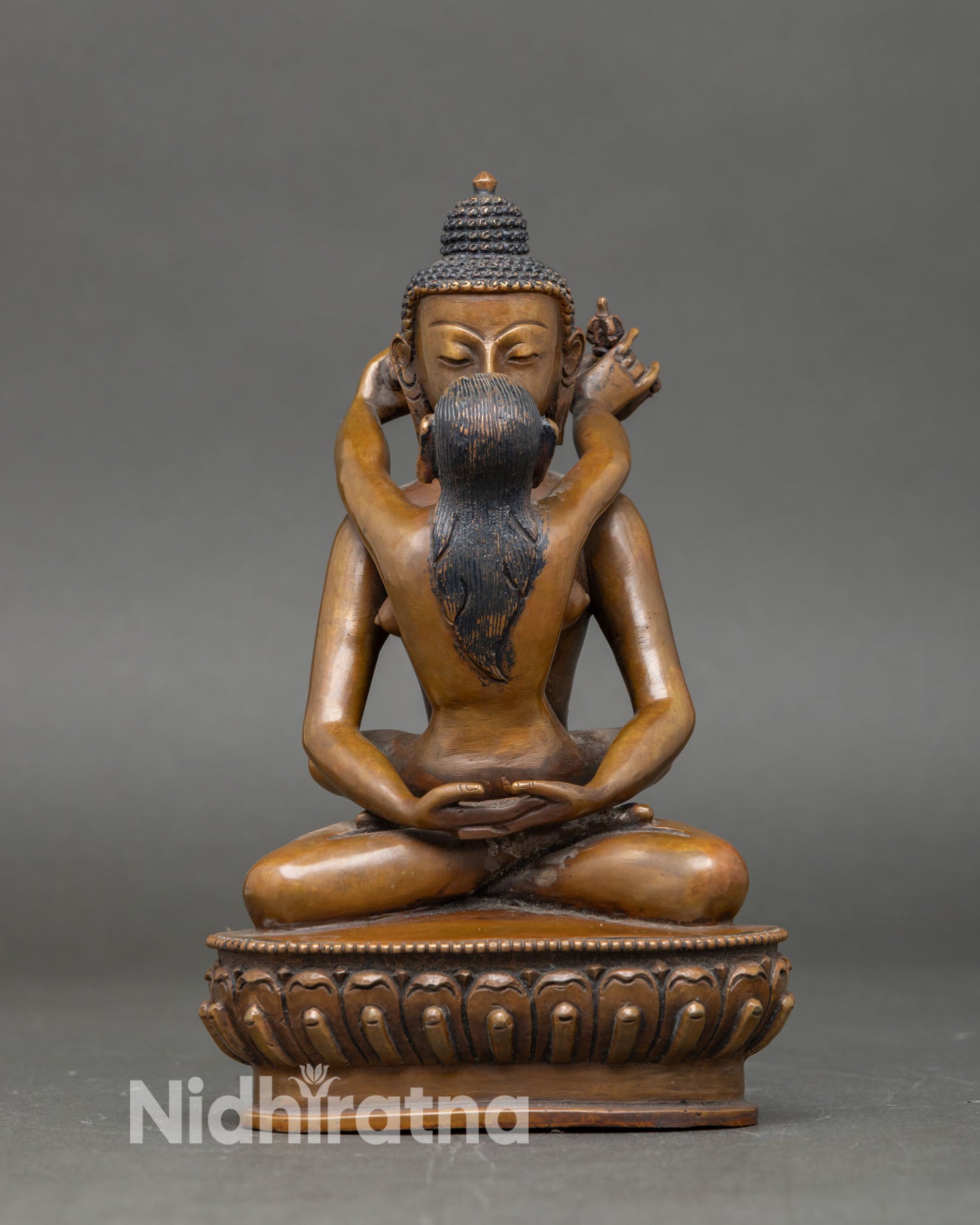 Front view of Samantabhadra Yab Yum statue Primordial Buddha handcrafted Nepal copper oxidized finish tantric Buddhist sacred art