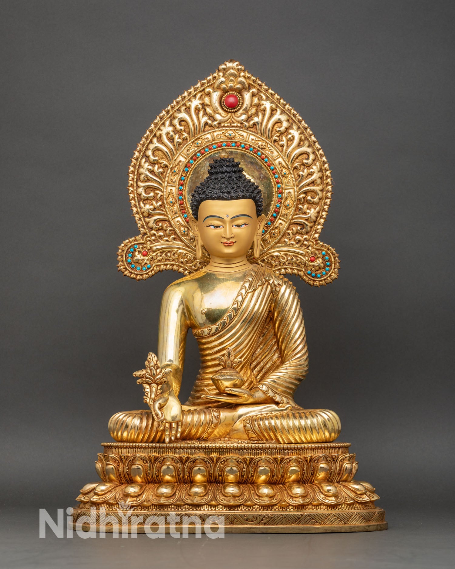 Front view Sangya Menla Medicine Buddha statue gold gilded copper Nepalese art