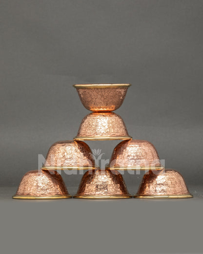 Front view seven water offering bowls handcrafted copper Tibetan altar set