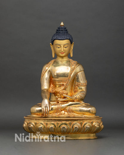 Front view Shakyamuni Buddha gold-gilded copper statue handcrafted Newari Nepal