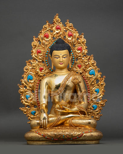 front view shakyamuni buddha statue bhumisparsha mudra gold gilded lotus pedestal ornate halo