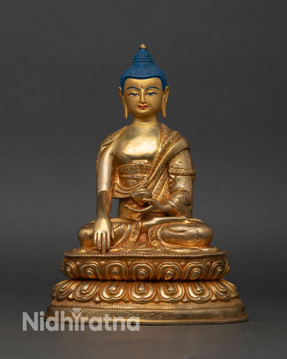 Front view of Shakyamuni Buddha Statue copper 24k gold gilded lotus throne meditation nepal