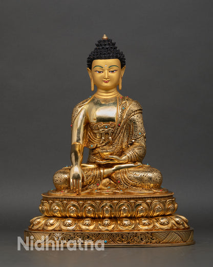 front view shakyamuni buddha statue copper alloy gold gilded nepalese handcrafted sculpture with lotus pedestal