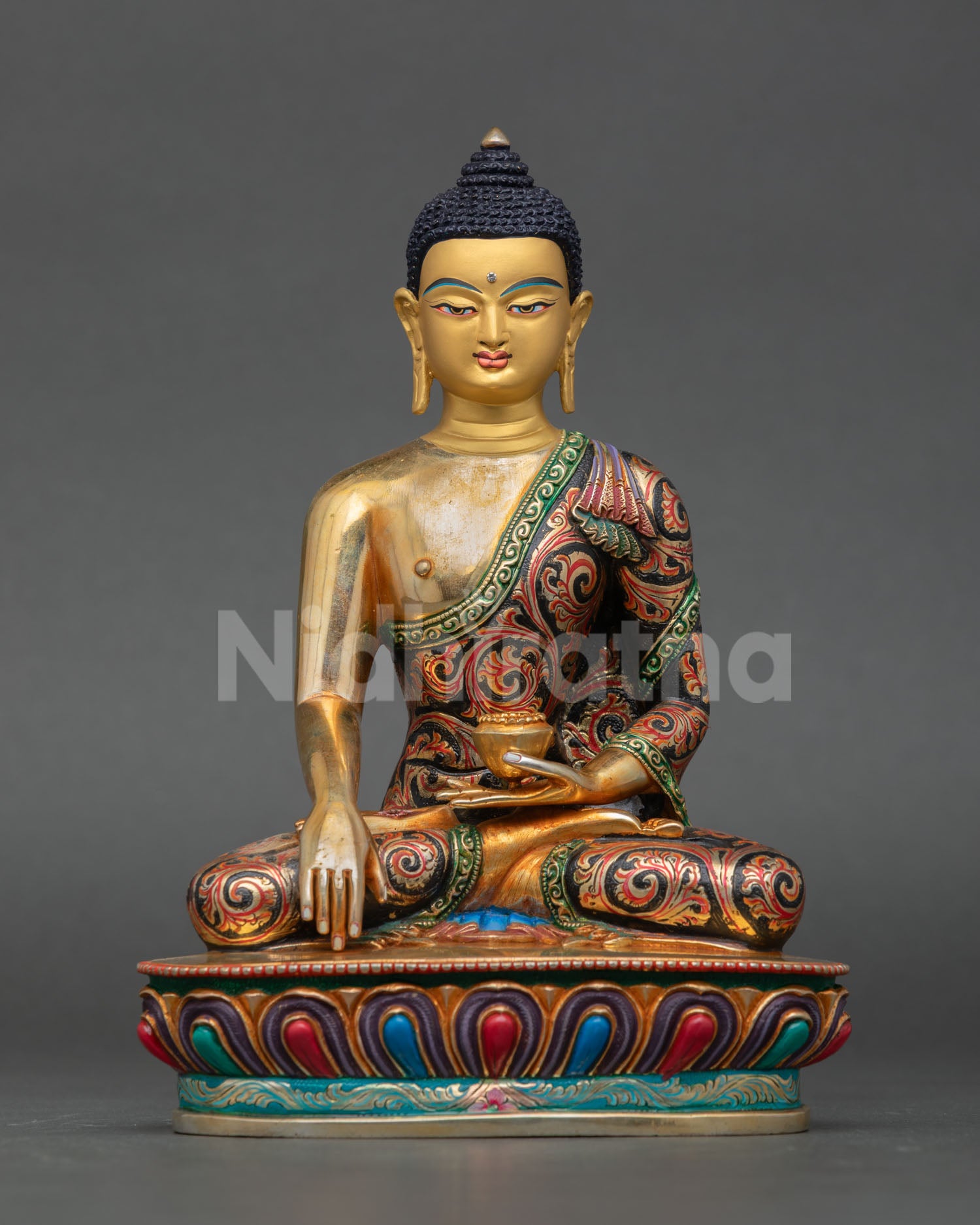 front view of shakyamuni buddha statue copper gold gilded nepal lotus throne bhumisparsa mudra