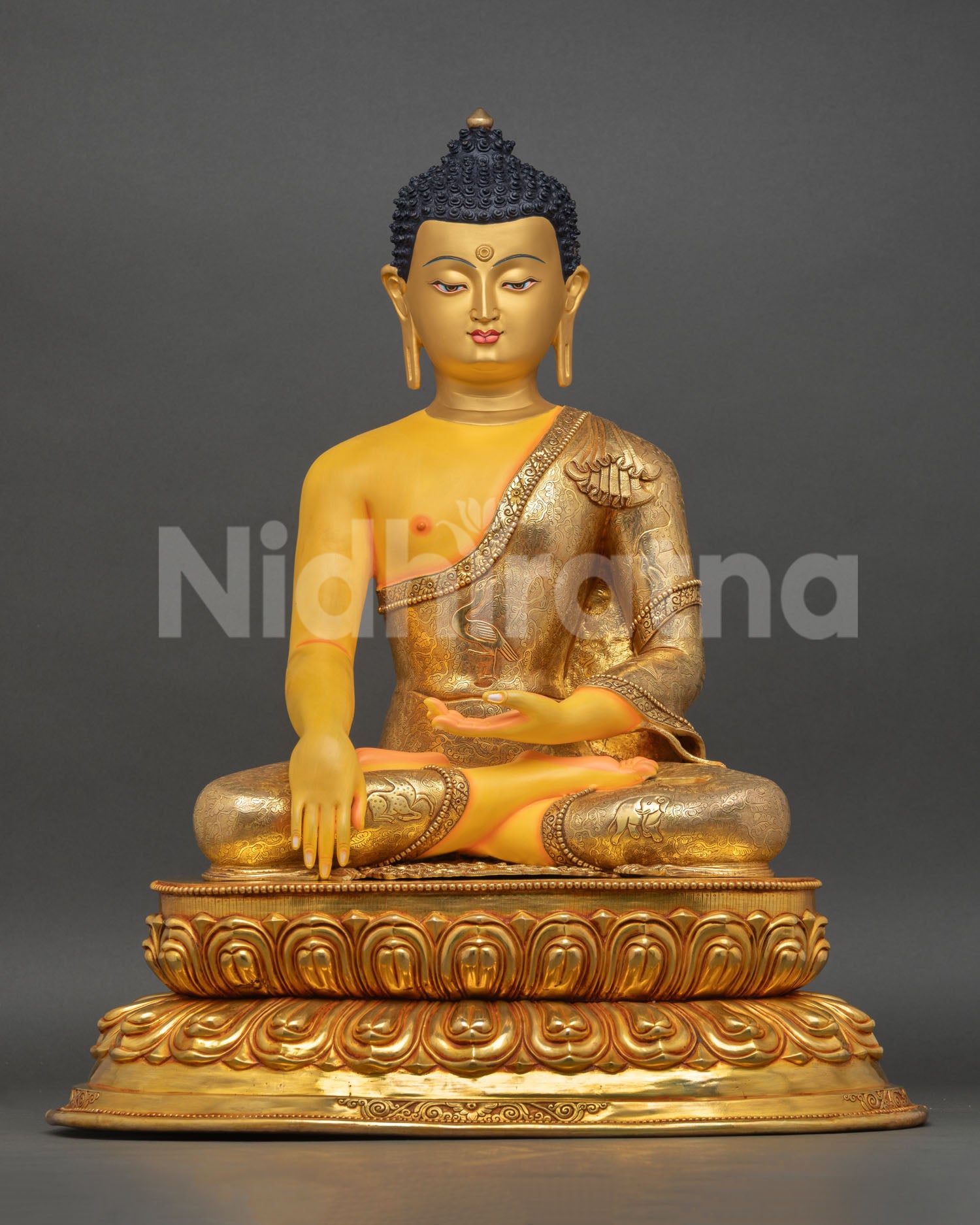 Front view of Shakyamuni Buddha statue copper Nepalese handmade lotus pedestal Buddhist art