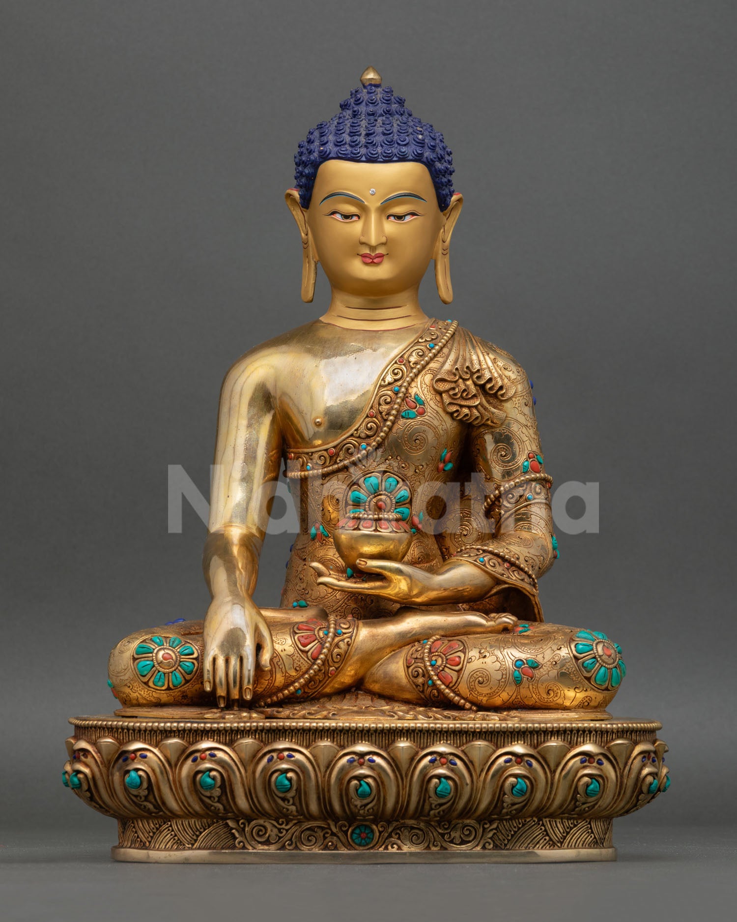 Front view of Shakyamuni Buddha statue copper sculpture 24K gold fire gilded finish Nepal handmade lost wax casting, Buddhist altar art