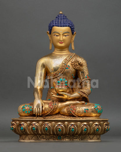 Front view of Shakyamuni Buddha statue copper sculpture 24K gold fire gilded finish Nepal handmade lost wax casting, Buddhist altar art