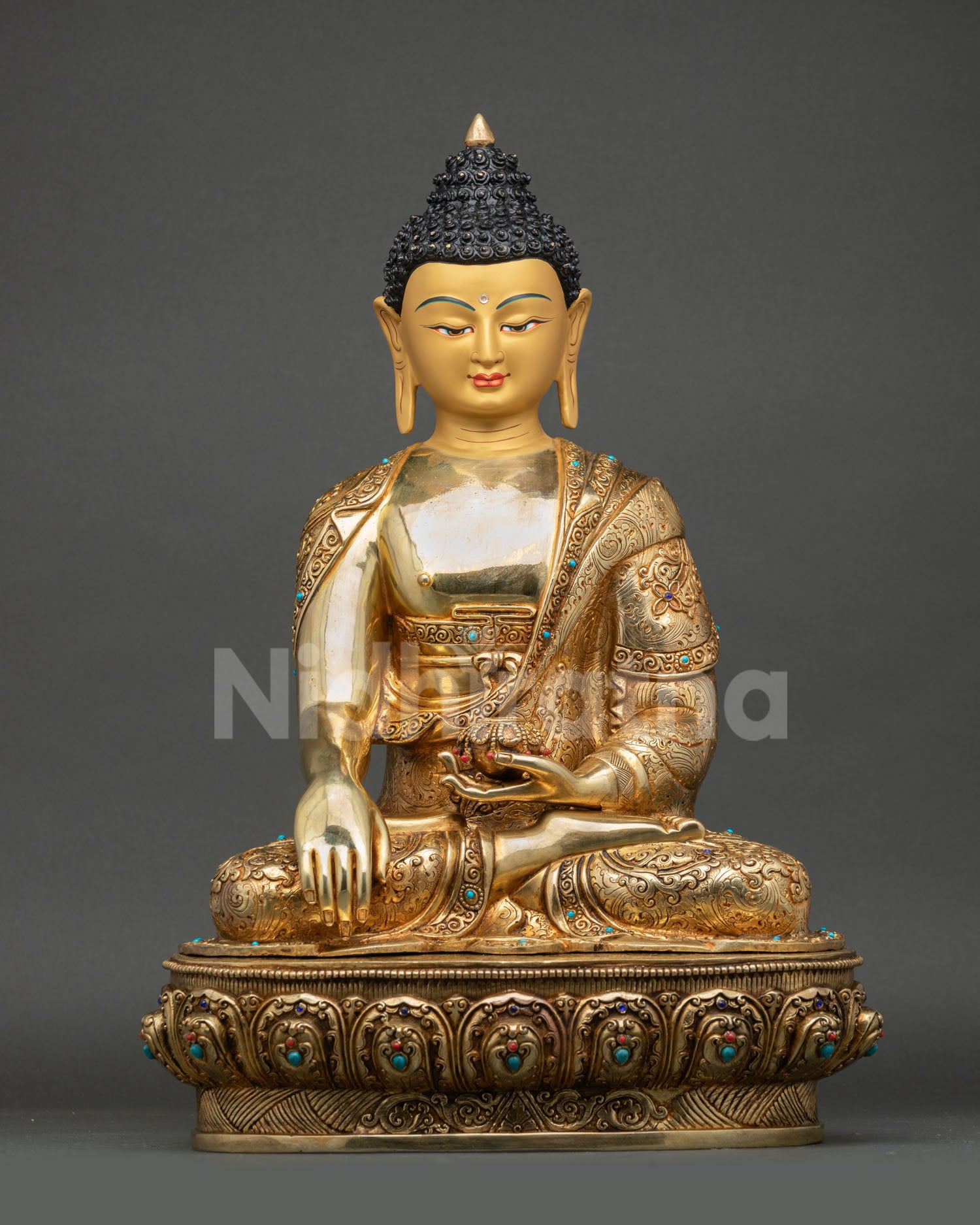 front view of shakyamuni buddha statue copper sculpture bhumisparsha mudra lotus seat