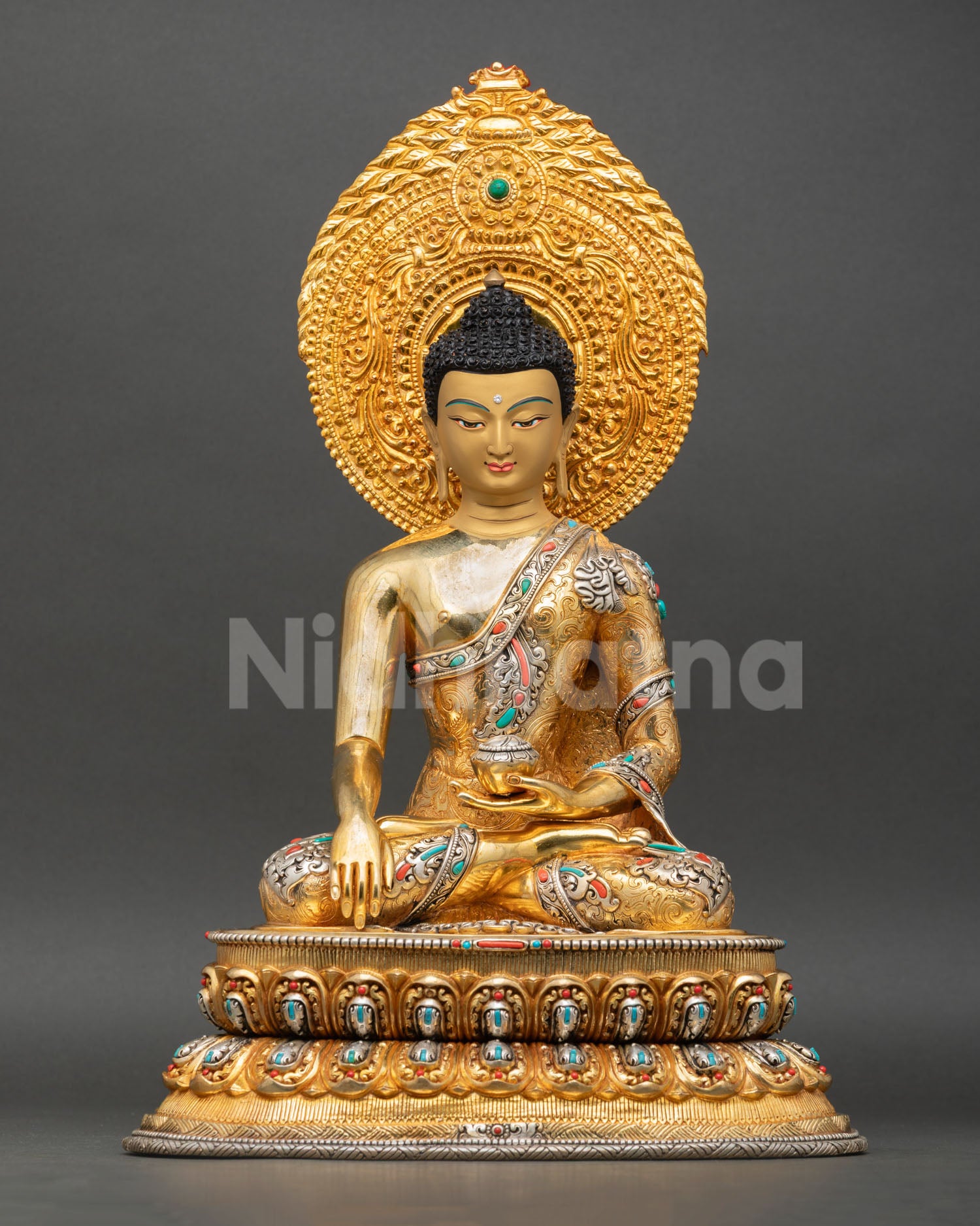 Front view of Shakyamuni Buddha statue copper sculpture Nepal lost wax casting 24K gold gilding double lotus pedestal bhumisparsha mudra sacred Buddhist altar art