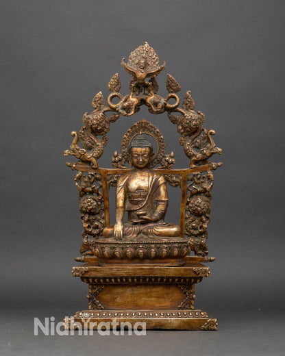 Front view of Shakyamuni Buddha statue, gold fire-gilded copper with antique finish
