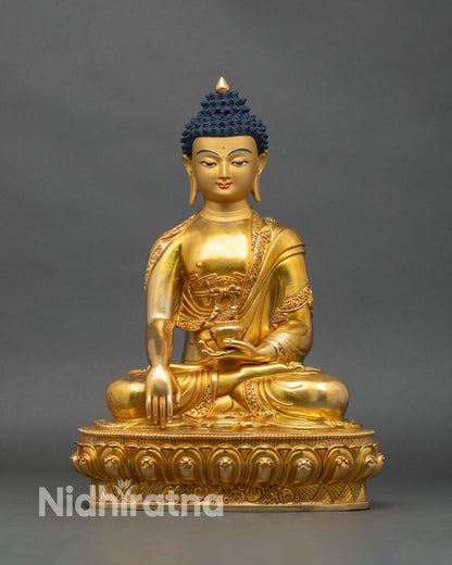 Front view Shakyamuni Buddha statue gold-gilded copper handcrafted Newari Nepal